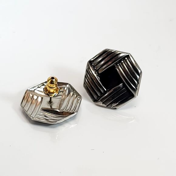 Vintage Hexagonal Textured Earrings, Silver & Gold Tone, Geometric Design - Picture 3 of 10